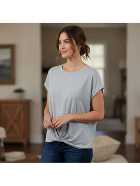 Time and Tru XL Gray Heather Knit Top with Faux Knot Front – Soft, Stretchy